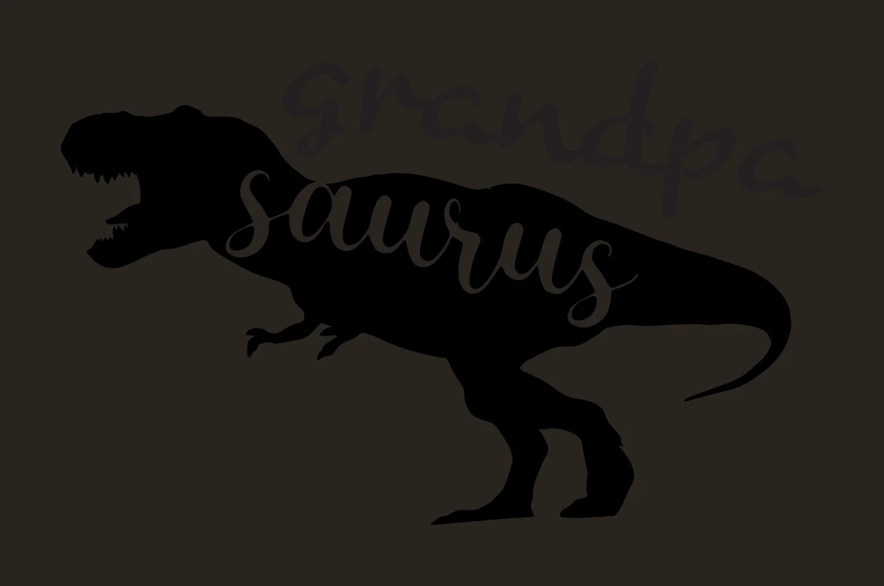 Grandpa saurus Typography Design with T-Rex silhouette, cursive text, open jaw and tail in black and white contrast preview thumbnail