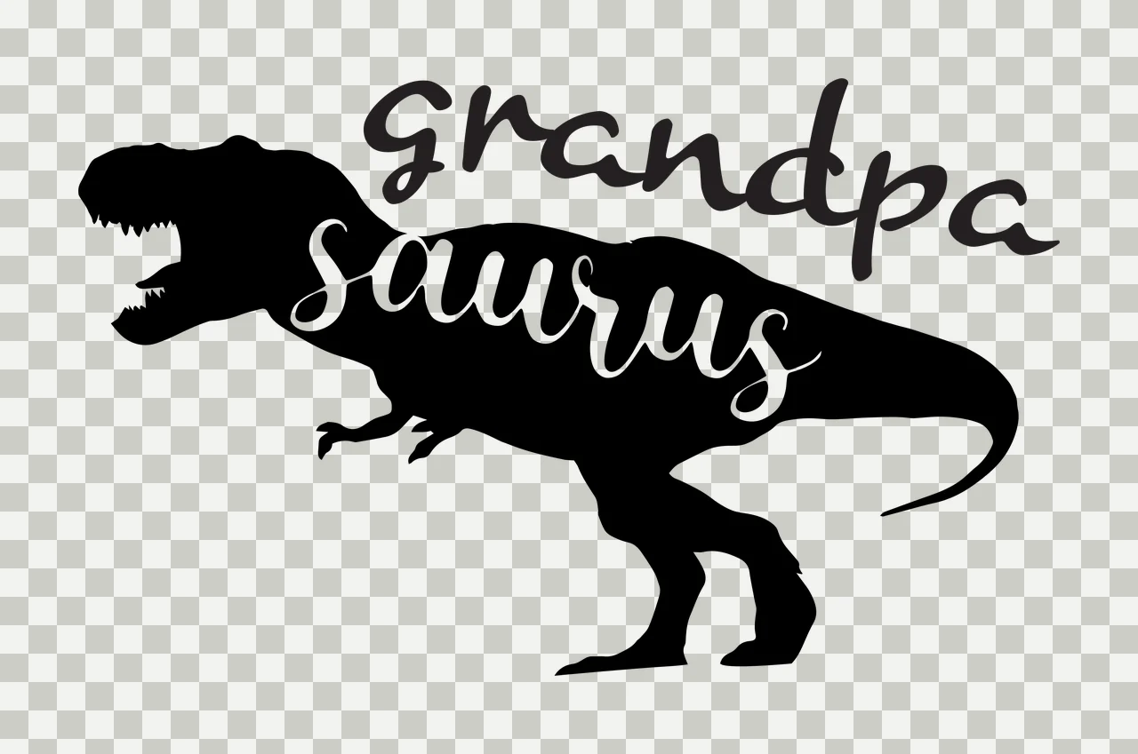 Grandpa saurus Typography Design with T-Rex silhouette, cursive text, open jaw and tail in black and white transparency and detail preview thumbnail