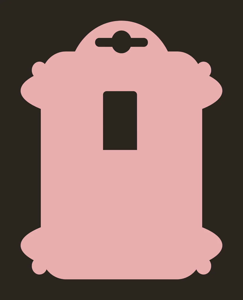 Decorative hang tag template with dusty pink tag, euro hole punch cut, center rectangular cutout slot and ornate scalloped border in white contrast preview thumbnail