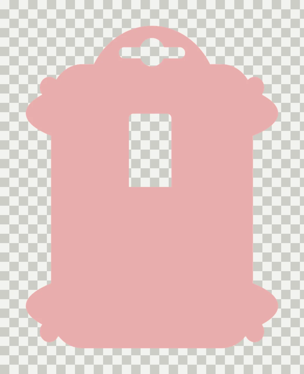 Decorative hang tag template with dusty pink tag, euro hole punch cut, center rectangular cutout slot and ornate scalloped border in white transparency and detail preview thumbnail