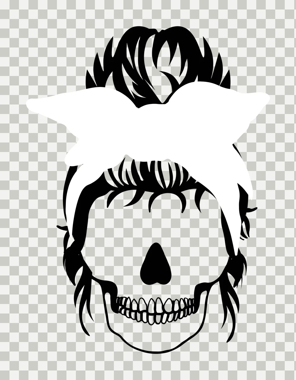 Line Art Illustration of human skull with messy bun, headband, teeth and nasal cavity in black and white transparency and detail preview thumbnail