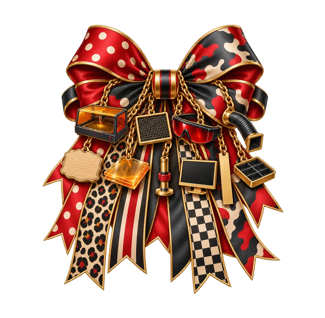 Laser Engraving Maker Bow Charm PNG, Gold Chain Charms, Transparent Sublimation Design, Digital Download