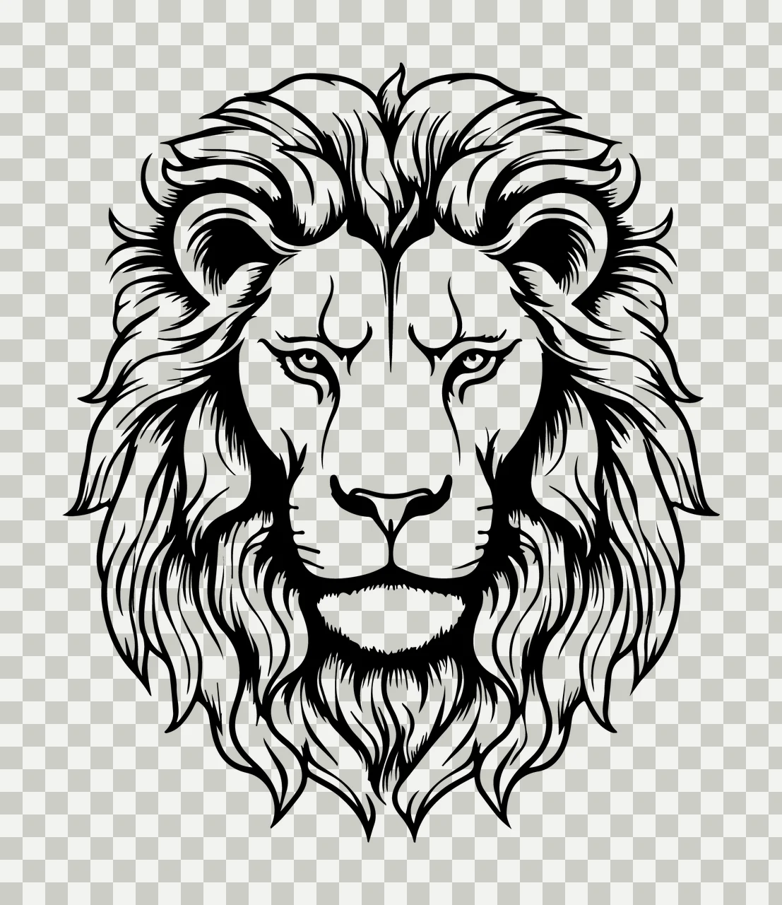 Lion Head Black And White Line Art staring mane ears whiskers transparency and detail preview thumbnail