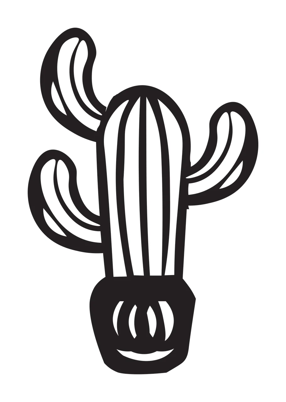 Line Art Illustration of Stylized black cactus in a pot with smiling face with pot with smile, vertical stripes on cactus body and three arms in white
