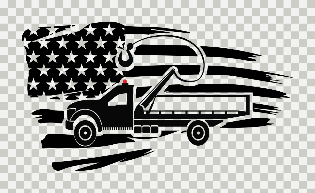 tow truck with hook, flag in black, white graphic silhouette Style transparency and detail preview thumbnail