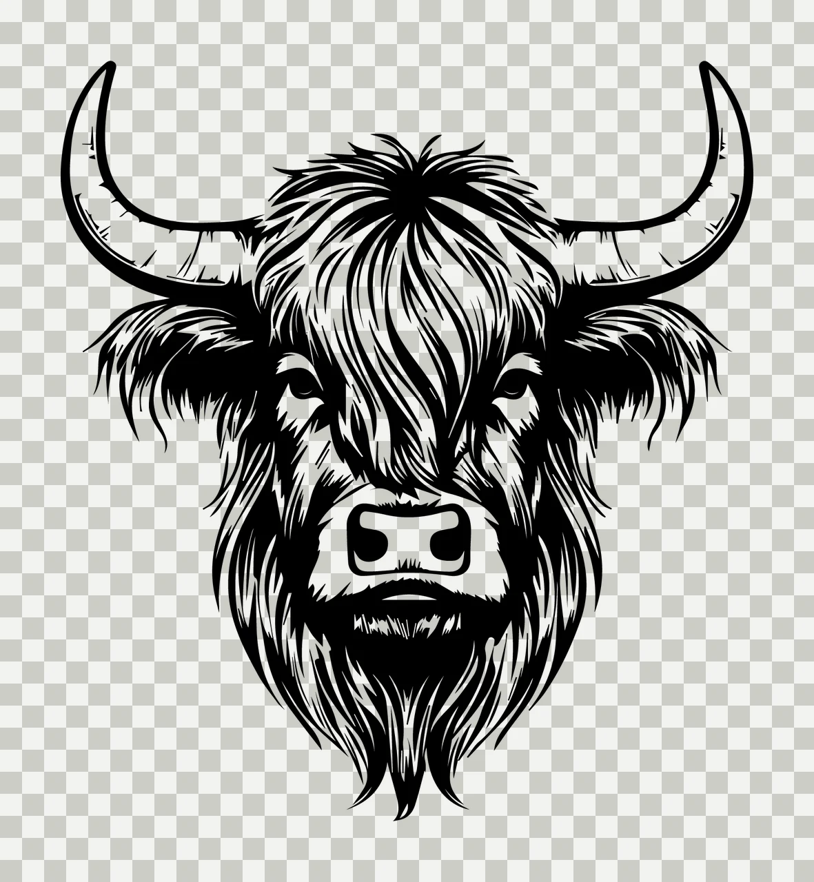 Highland Cow Black And White Portrait staring horns shaggy hair transparency and detail preview thumbnail