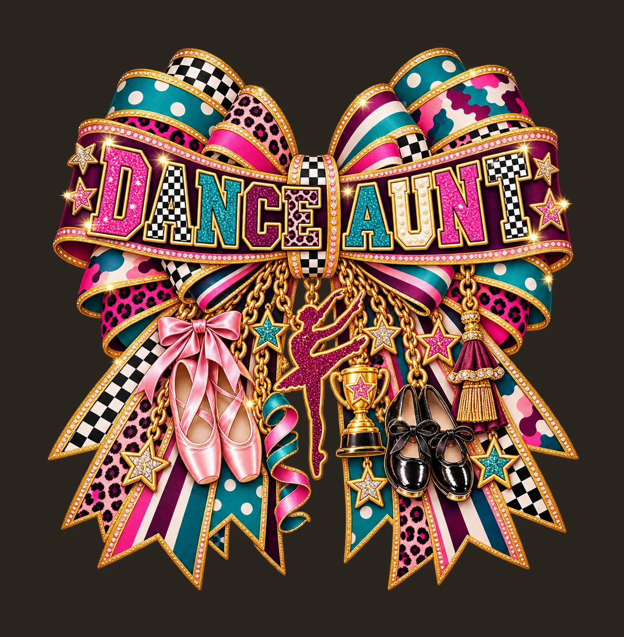 Dance Aunt Bow Charm PNG, Patterned Varsity Aunt Ribbon Clipart, Transparent Sublimation Digital Download contrast preview thumbnail