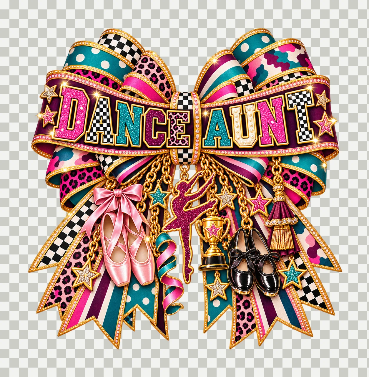 Dance Aunt Bow Charm PNG, Patterned Varsity Aunt Ribbon Clipart, Transparent Sublimation Digital Download transparency and detail preview thumbnail