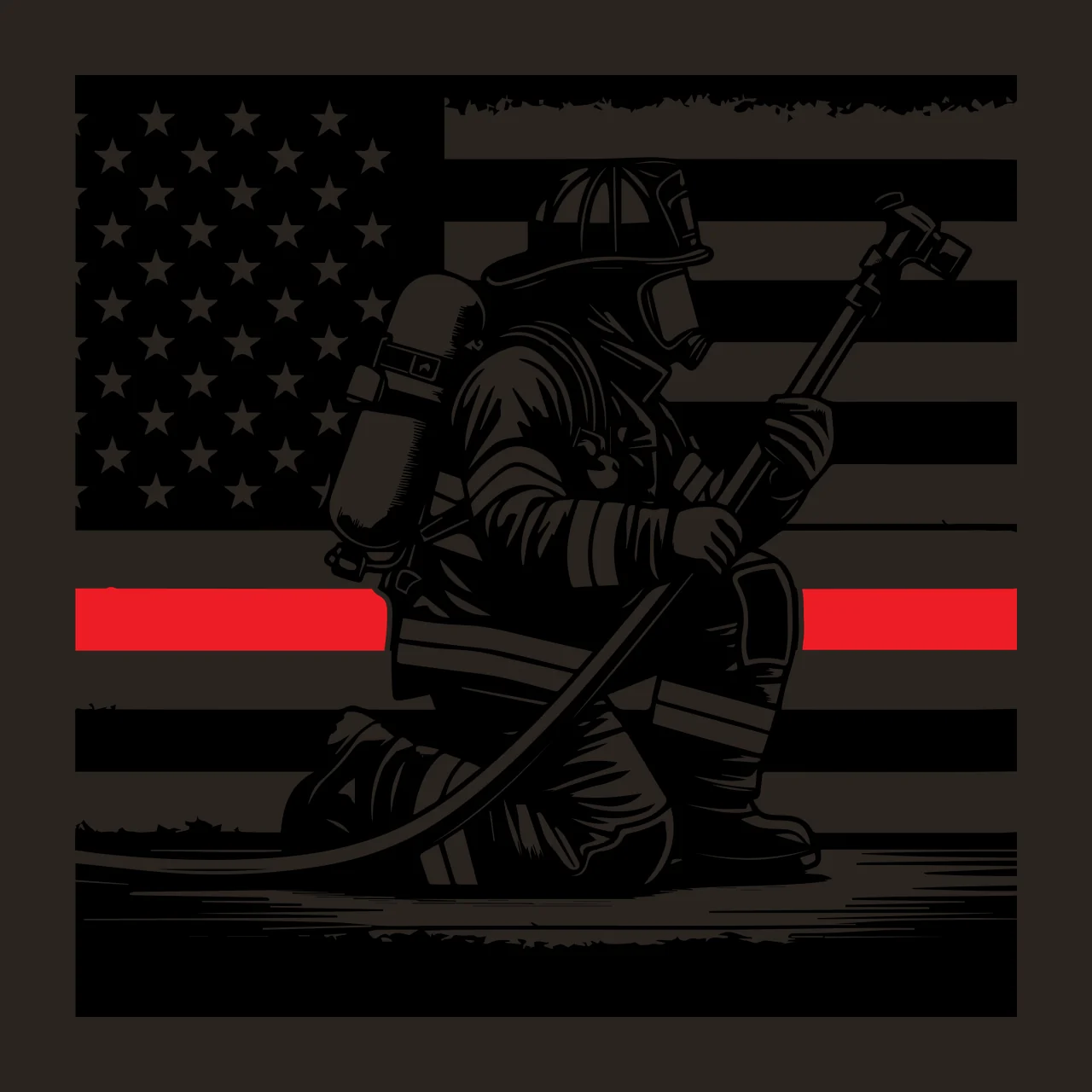 Flag Firefighter Kneeling Before Us with fire hose helmet high contrast preview thumbnail