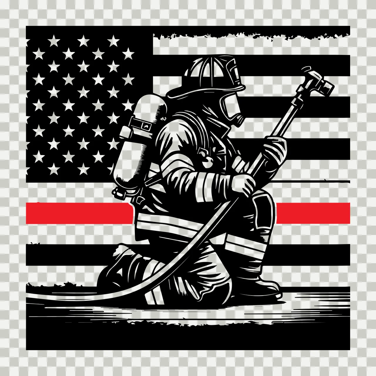 Flag Firefighter Kneeling Before Us with fire hose helmet high transparency and detail preview thumbnail