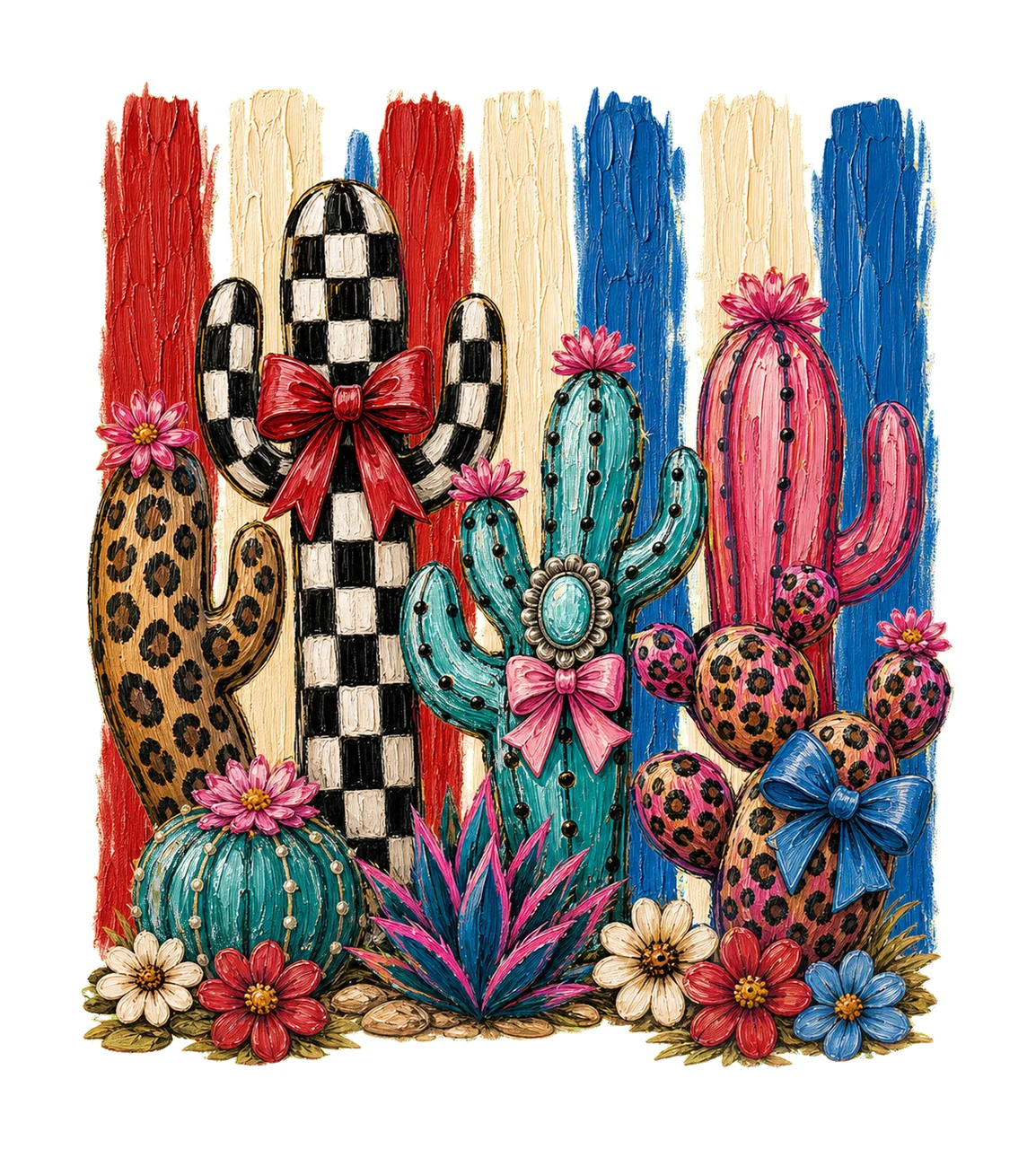 Leopard Checkerboard Western Cactus Faux Oil Variation C