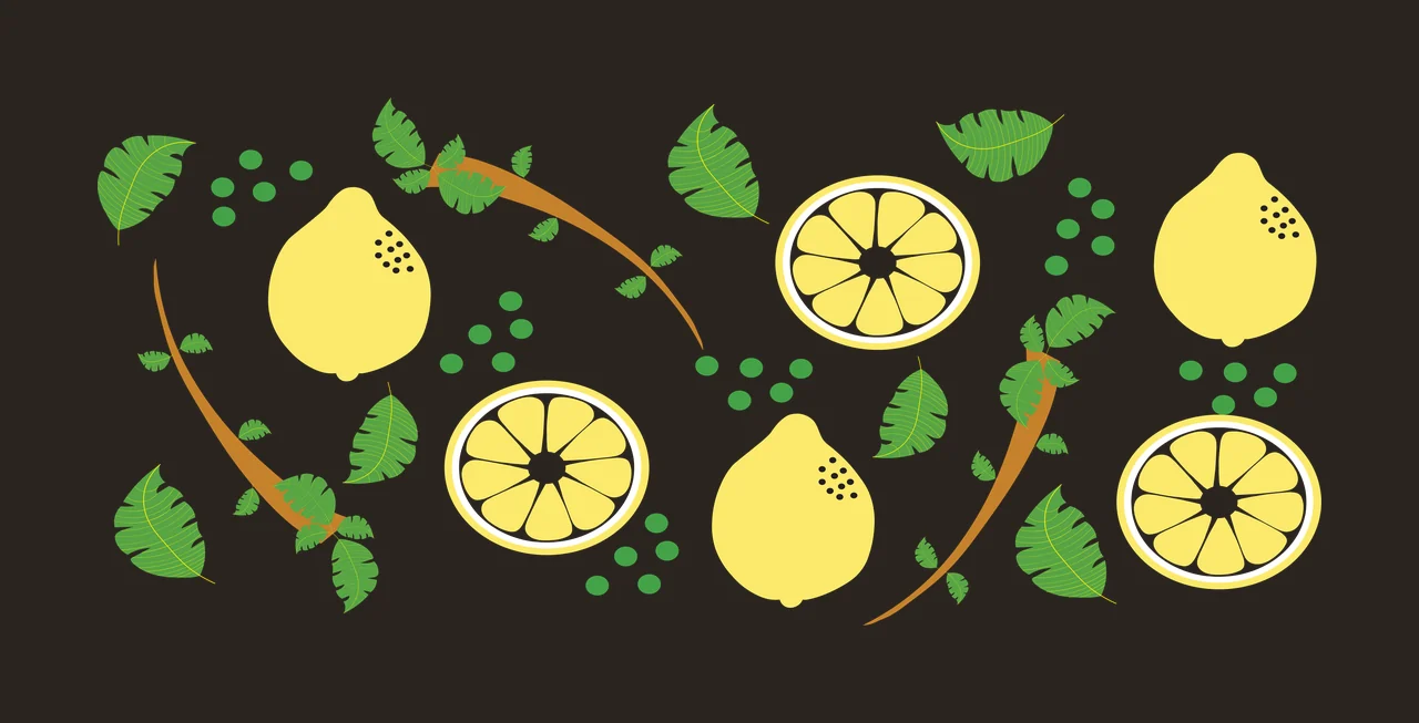 Lemons and tropical leaves Illustration with whole yellow lemons, lemon slices, green tropical leaves and brown branches contrast preview thumbnail