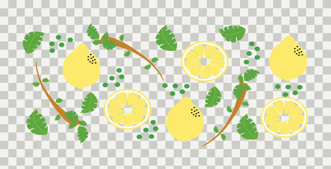 Lemons and tropical leaves Illustration with whole yellow lemons, lemon slices, green tropical leaves and brown branches transparency and detail preview thumbnail
