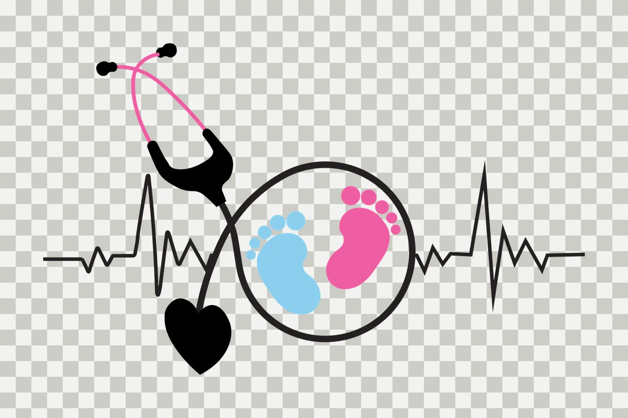 Stethoscope with baby footprints and heartbeat motif Illustration with pink stethoscope, black stethoscope earpiece, blue baby footprint and black heartbeat line transparency and detail preview thumbnail