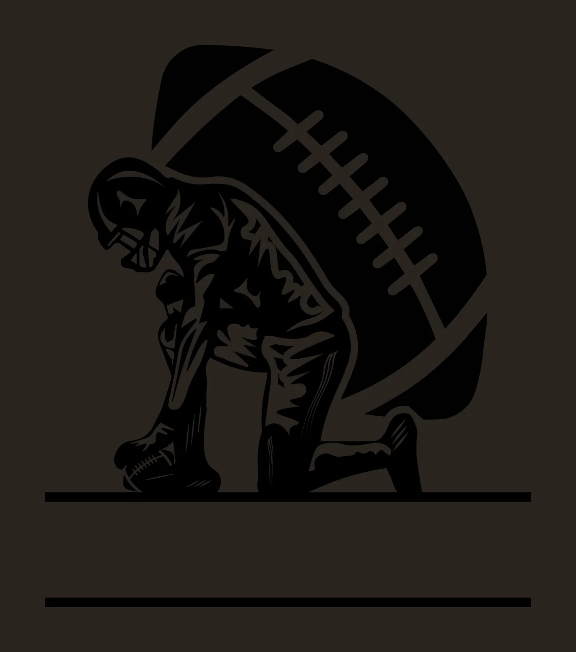 Football Player Kneeling on Field Silhouette with Helmet and Uniform, Sports Graphic Featuring Large Football Background in Black and White contrast preview thumbnail