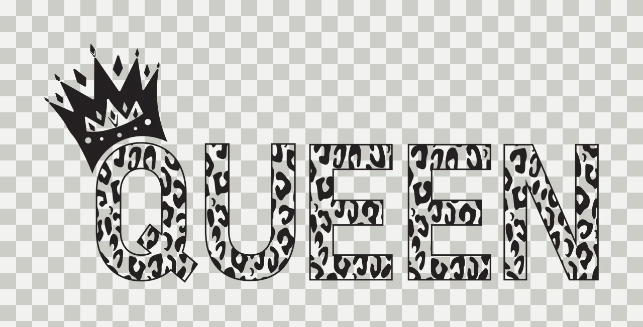 QUEEN Typography Design with QUEEN text, crown and leopard print outline in black and white transparency and detail preview thumbnail