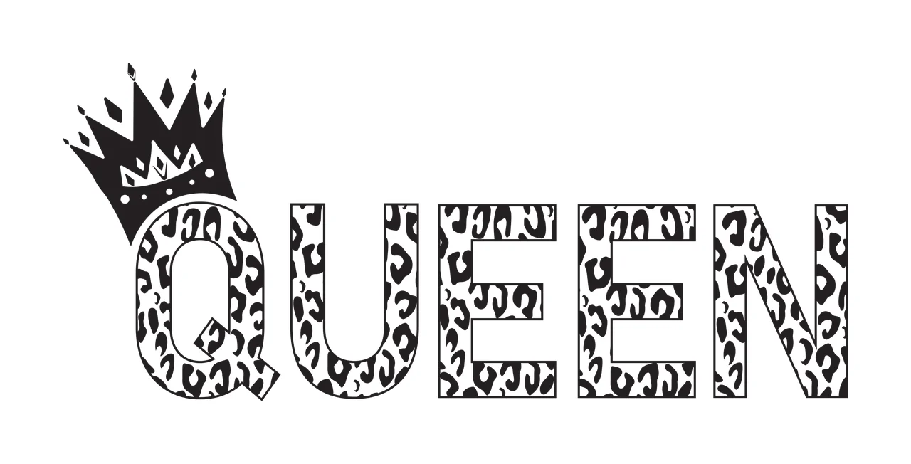 QUEEN Typography Design with QUEEN text, crown and leopard print outline in black and white