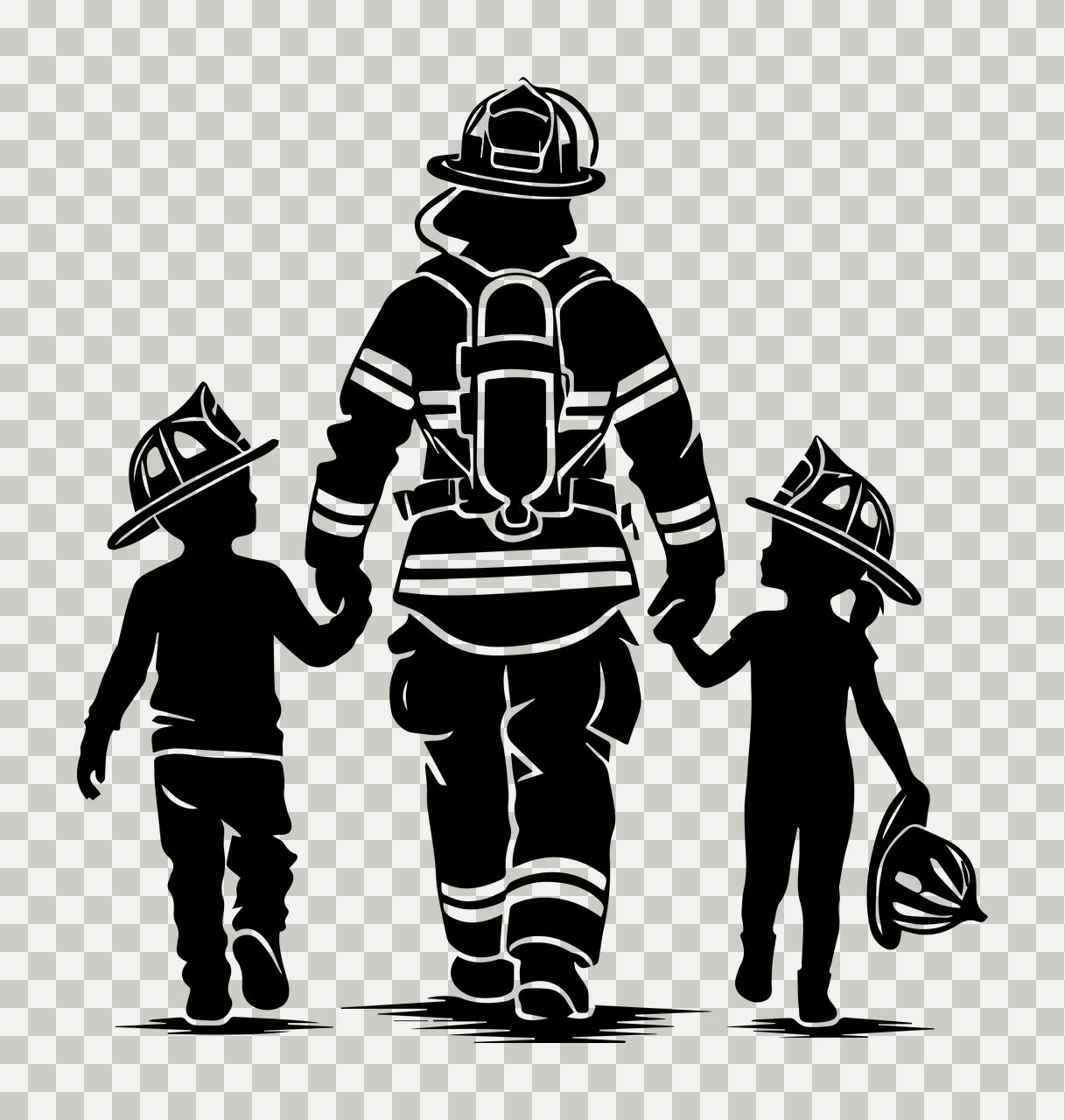 Firefighter Holding Hands With Children and walking person transparency and detail preview thumbnail