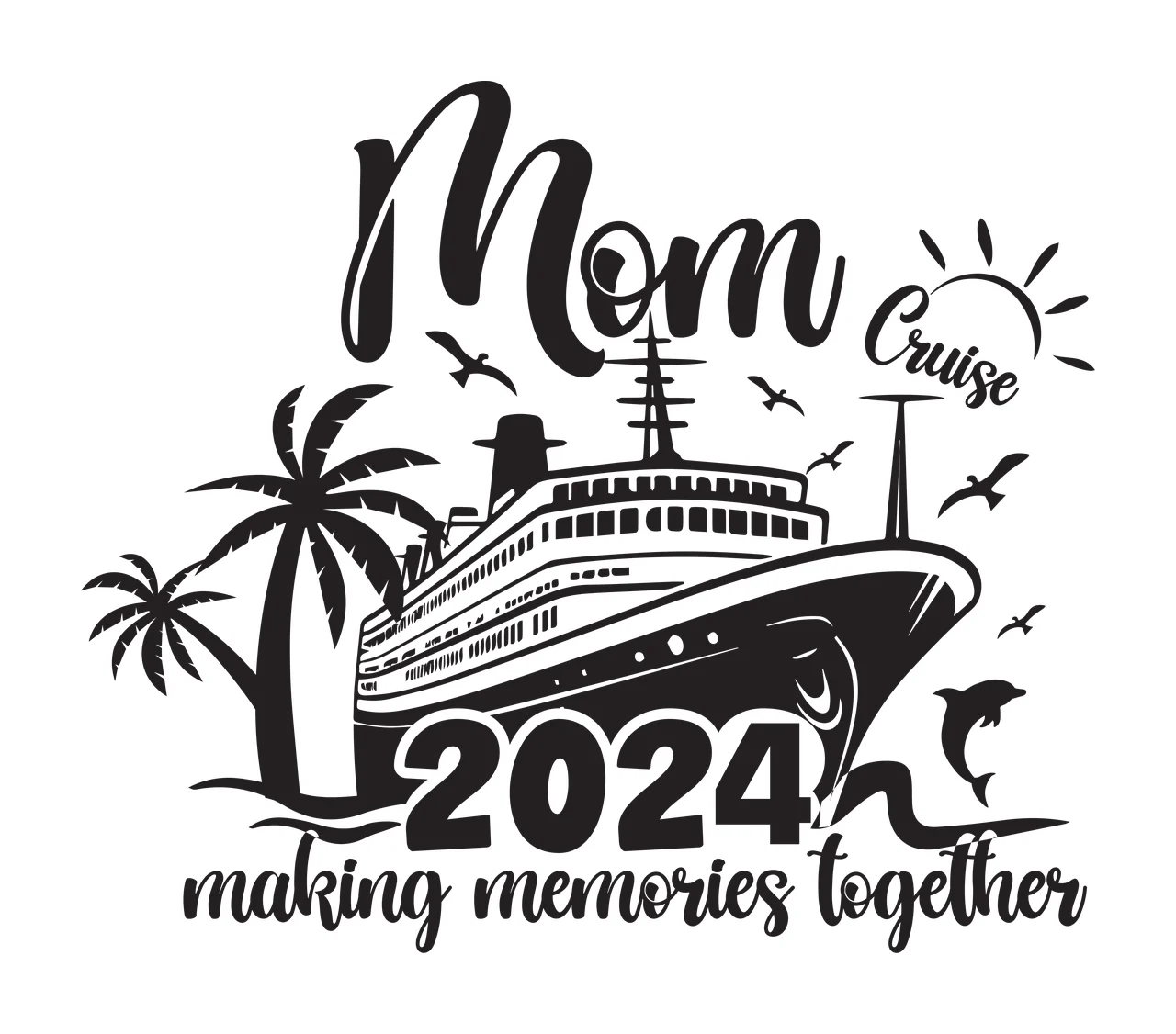 Ship With Palm Trees sailing tree sun bird dolphin black ocean
