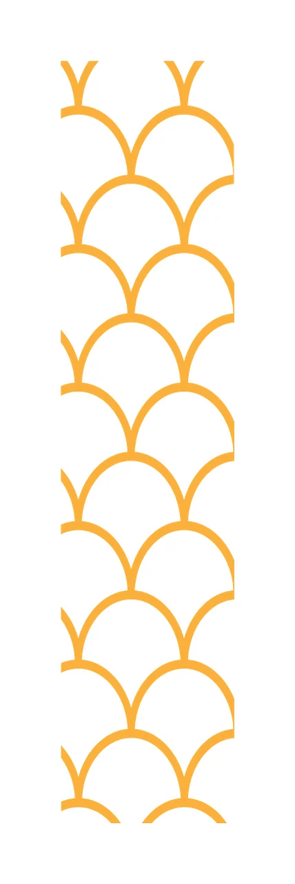 Scallop pattern strip with scalloped arches curved lines scale pattern and vertical band in yellow orange and white