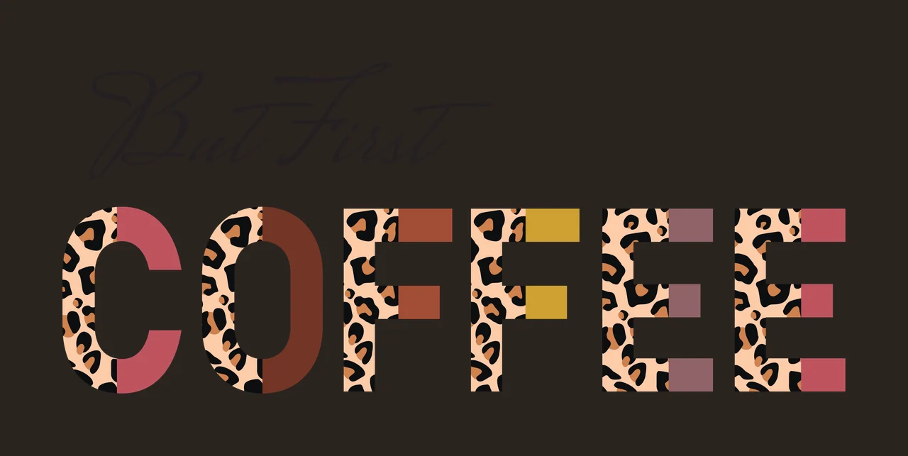 But First COFFEE Typography Design with leopard print pattern, colored rectangular blocks, cursive text 'But First' and blocky uppercase 'COFFEE' in beige, black and brown contrast preview thumbnail