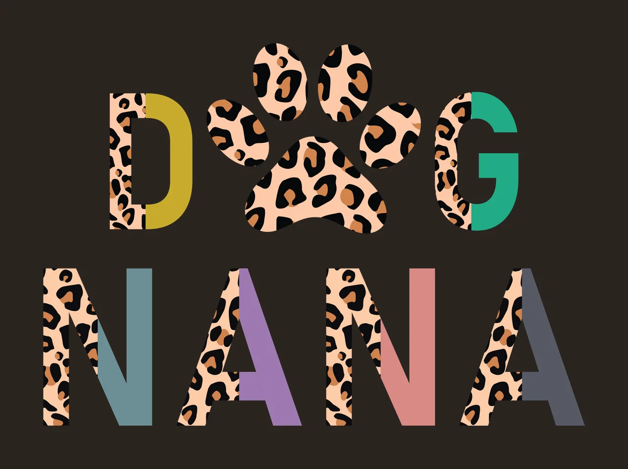 DOG NANA Typography Design with letter D, paw print icon, leopard pattern and color blocking in white, tan and black contrast preview thumbnail