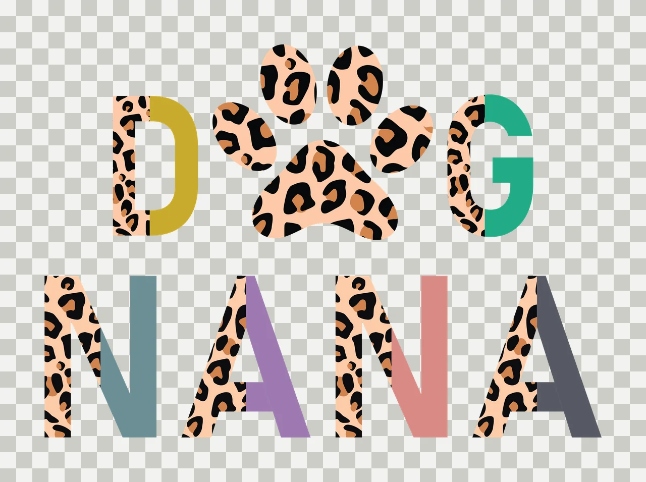 DOG NANA Typography Design with letter D, paw print icon, leopard pattern and color blocking in white, tan and black transparency and detail preview thumbnail