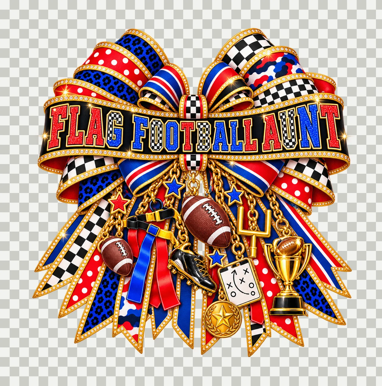 Flag Football Aunt Bow Charm PNG, Patterned Varsity Aunt Ribbon Clipart, Transparent Sublimation Digital Download transparency and detail preview thumbnail