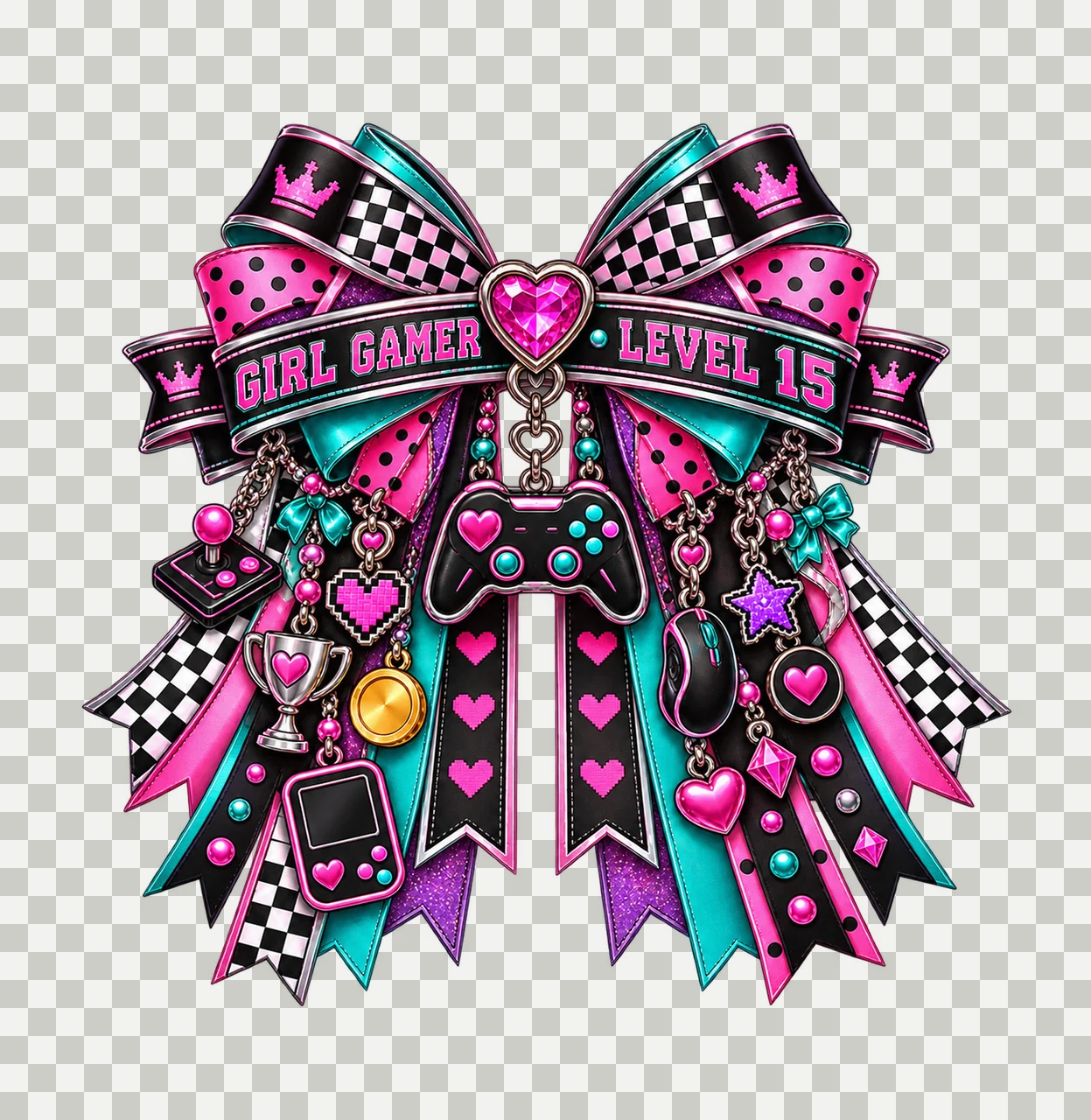 Girl Gamer Level 15 Bow Charm PNG, Patterned Coquette Bow Clipart, Transparent Sublimation Digital Download transparency and detail preview thumbnail