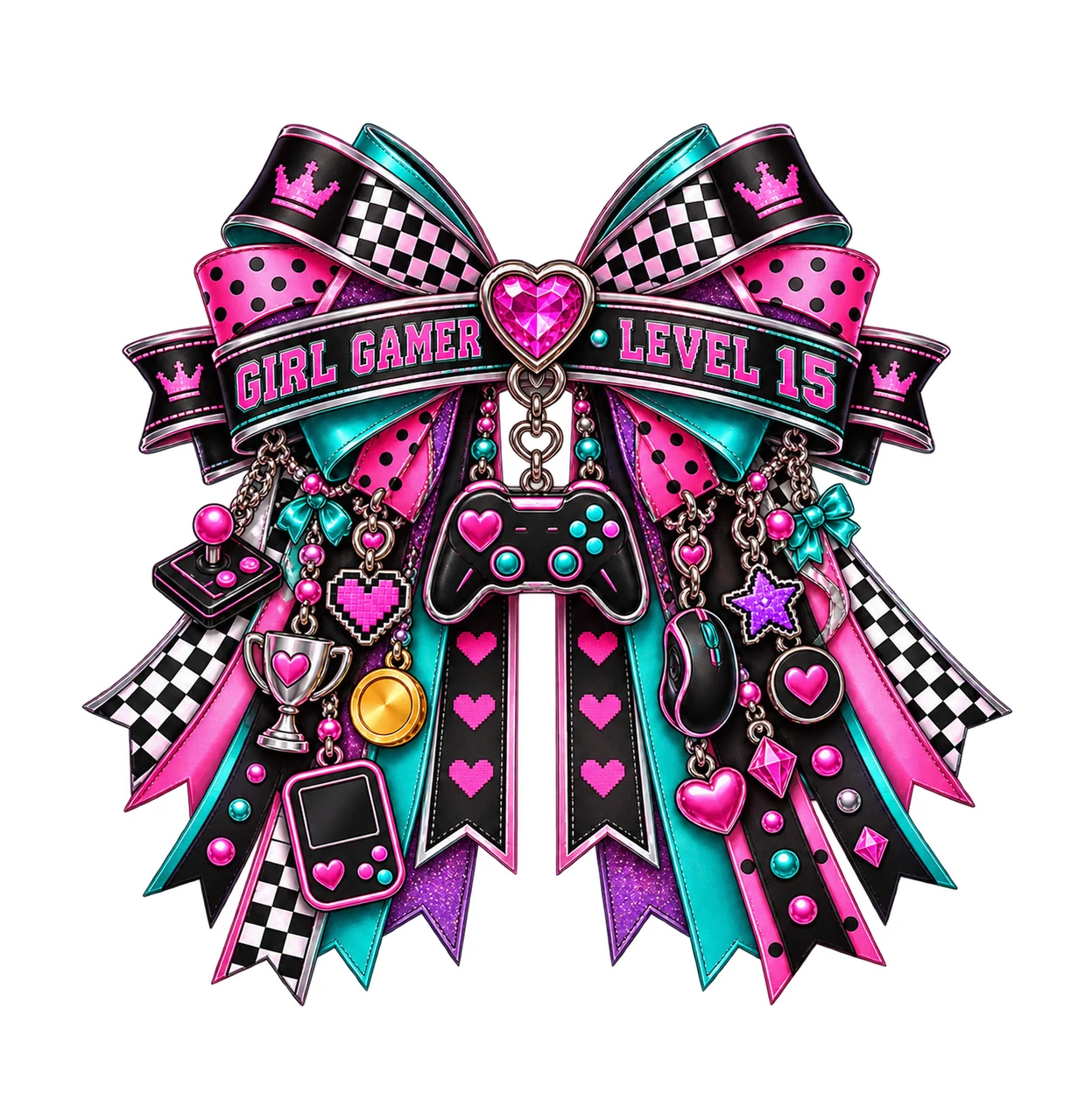 Girl Gamer Level 15 Bow Charm PNG, Patterned Coquette Bow Clipart, Transparent Sublimation Digital Download