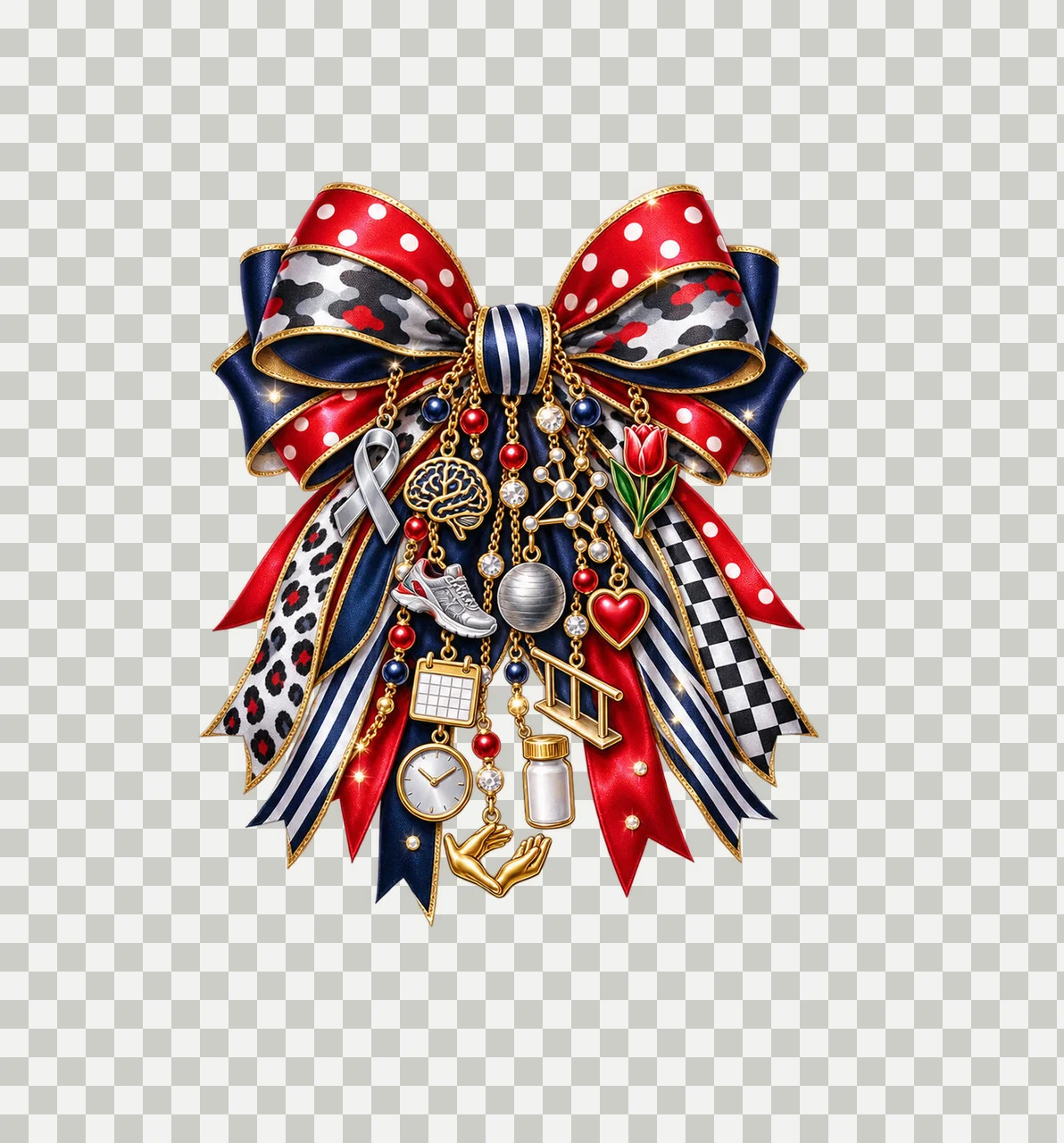 Parkinson's Disease Awareness Bow Charm PNG, Themed Gold Chain Charms, Coquette Ribbon Sublimation Design, Transparent Digital Download transparency and detail preview thumbnail