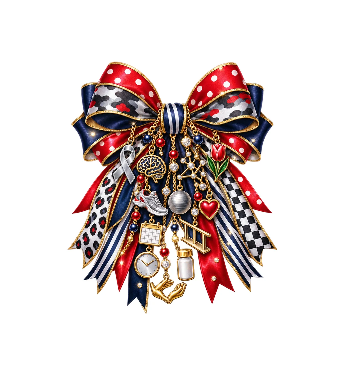 Parkinson's Disease Awareness Bow Charm PNG, Themed Gold Chain Charms, Coquette Ribbon Sublimation Design, Transparent Digital Download