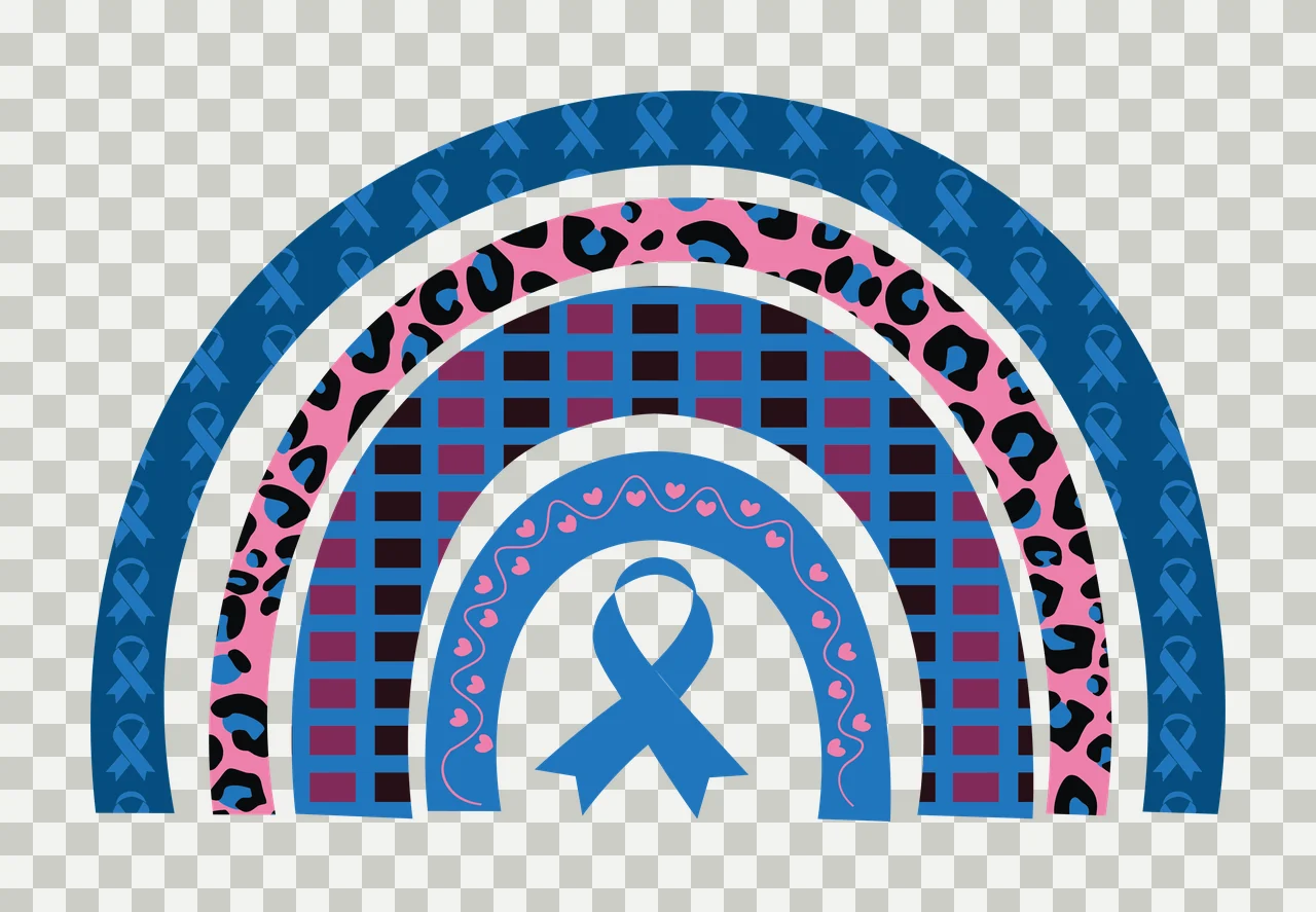 Rainbow arch design with central blue awareness ribbon with pink leopard print, purple grid pattern, blue ribbons repeating and pink hearts in black transparency and detail preview thumbnail