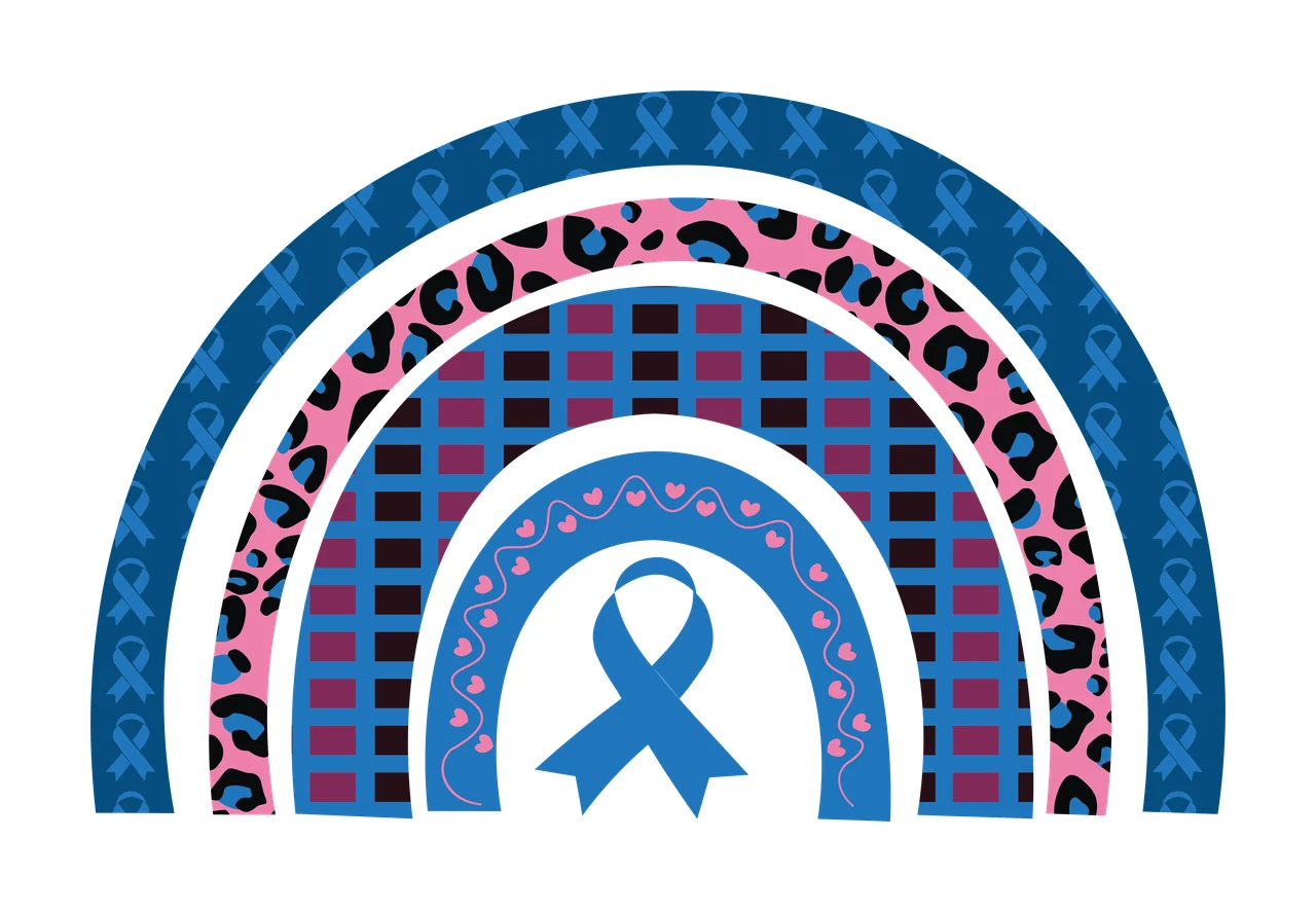 Rainbow arch design with central blue awareness ribbon with pink leopard print, purple grid pattern, blue ribbons repeating and pink hearts in black