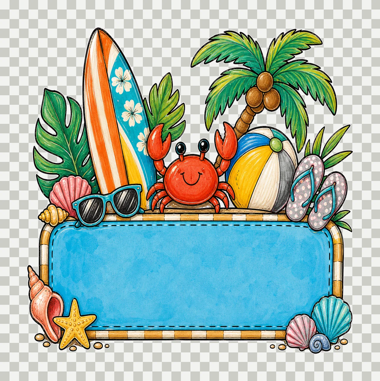 Summer Beach Name Plate Frame Design Hand Drawn Variation D transparency and detail preview thumbnail