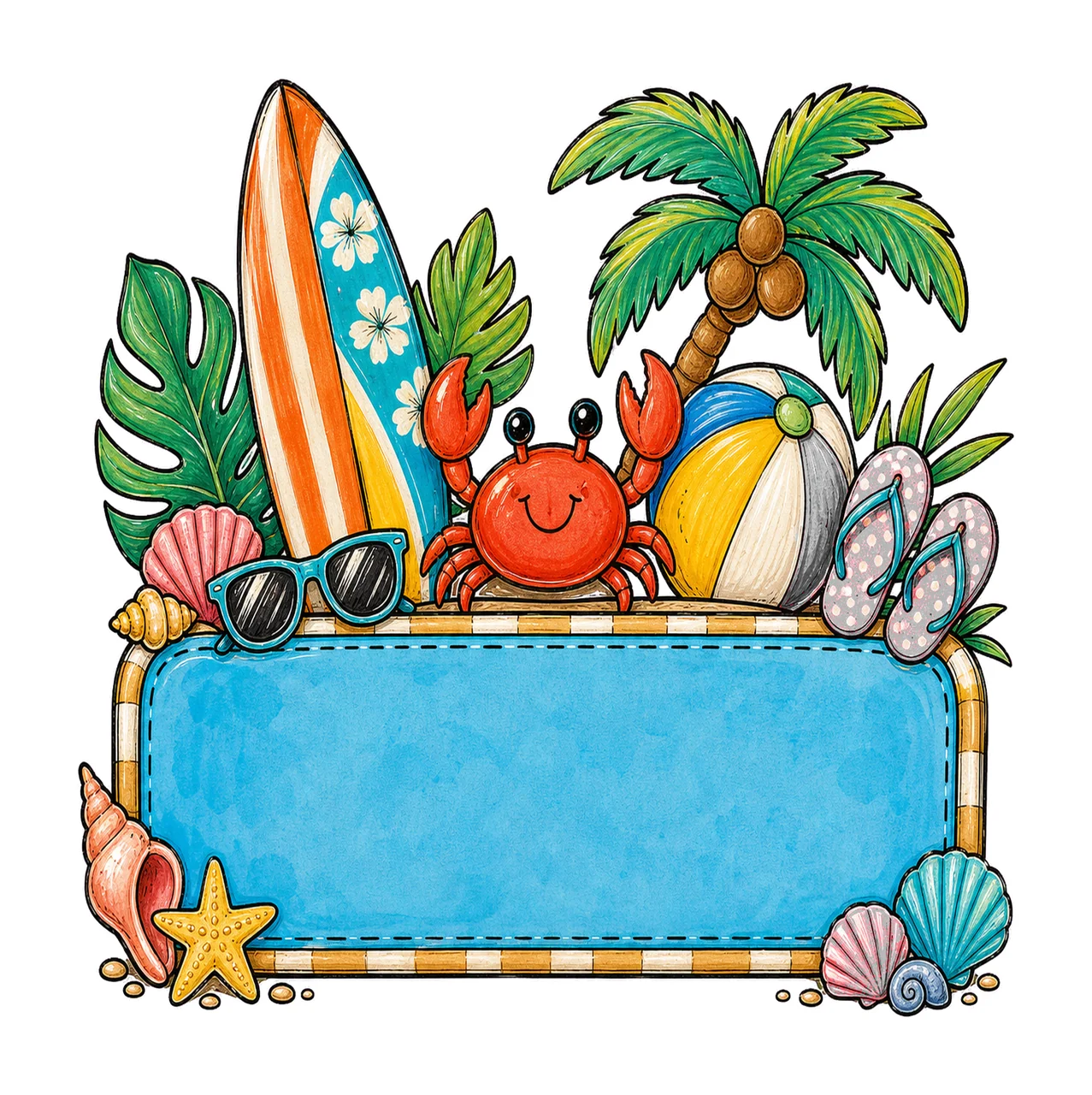Summer Beach Name Plate Frame Design Hand Drawn Variation D
