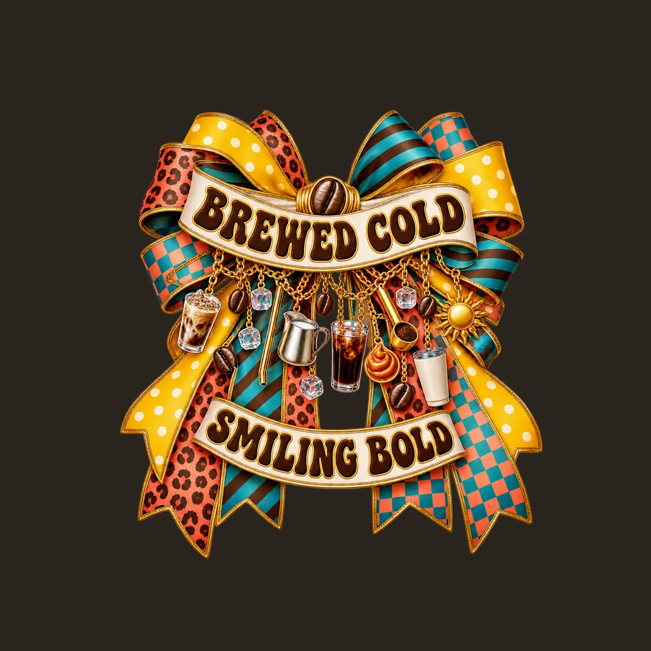 Brewed Cold Smiling Bold Bow Charm PNG, Iced Coffee Quote Clipart, Transparent Sublimation Digital Download contrast preview thumbnail