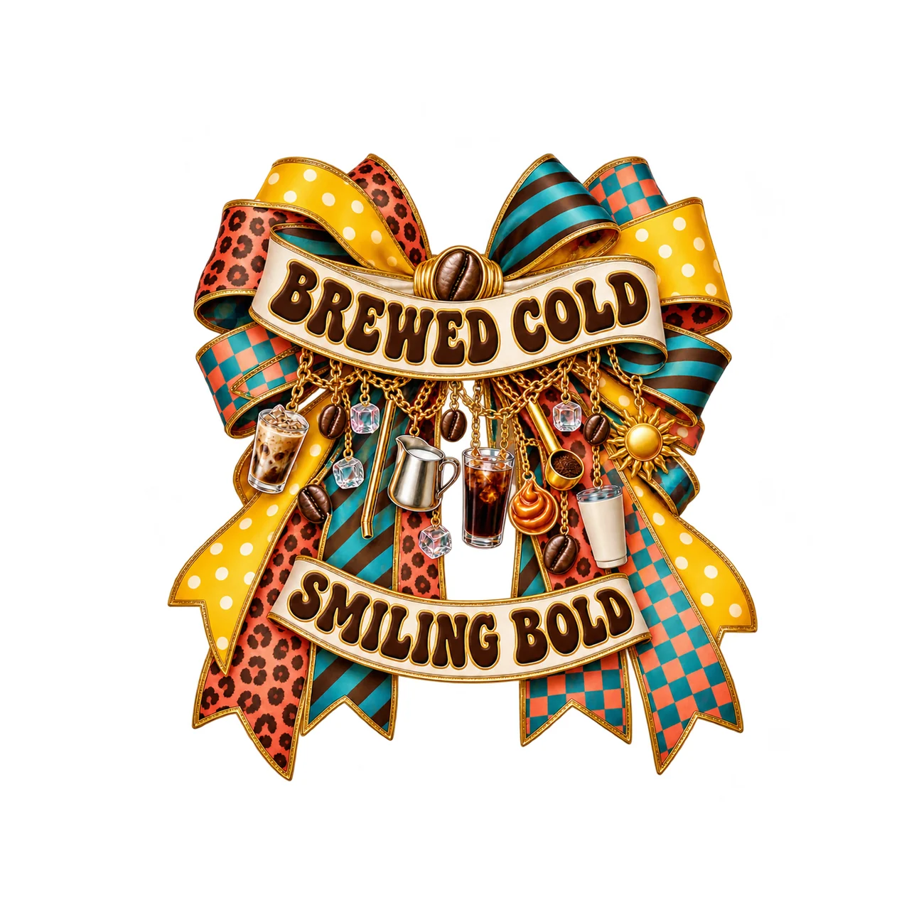 Brewed Cold Smiling Bold Bow Charm PNG, Iced Coffee Quote Clipart, Transparent Sublimation Digital Download