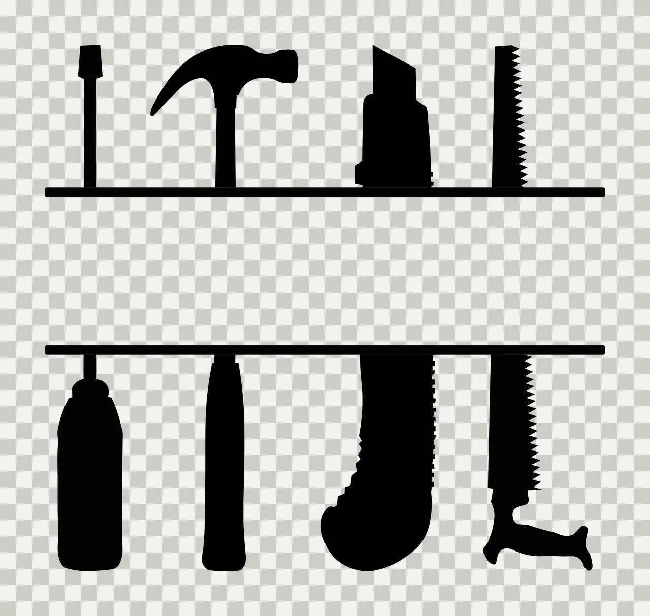 Silhouette Design of tool split monogram frame with hammer, screwdriver, utility knife and handsaw in black and white transparency and detail preview thumbnail