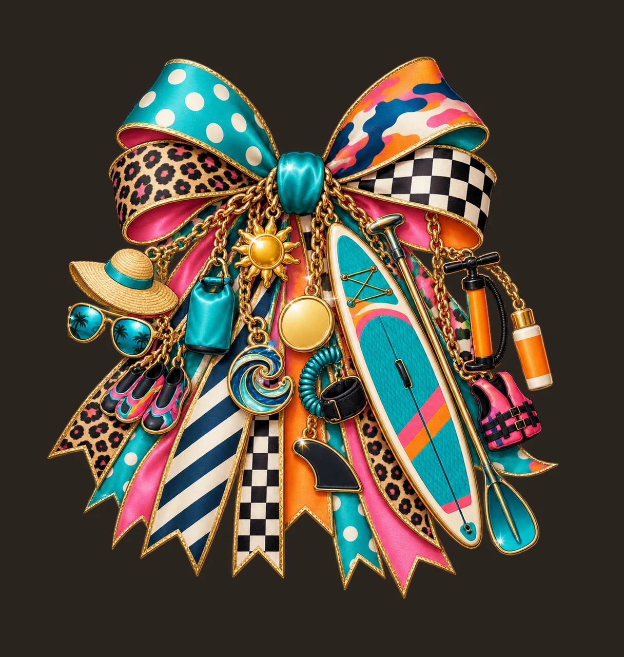 Paddleboarding Lover Bow Charm PNG, Themed Gold Chain Charms, Coquette Ribbon Sublimation Design, Transparent Digital Download contrast preview thumbnail