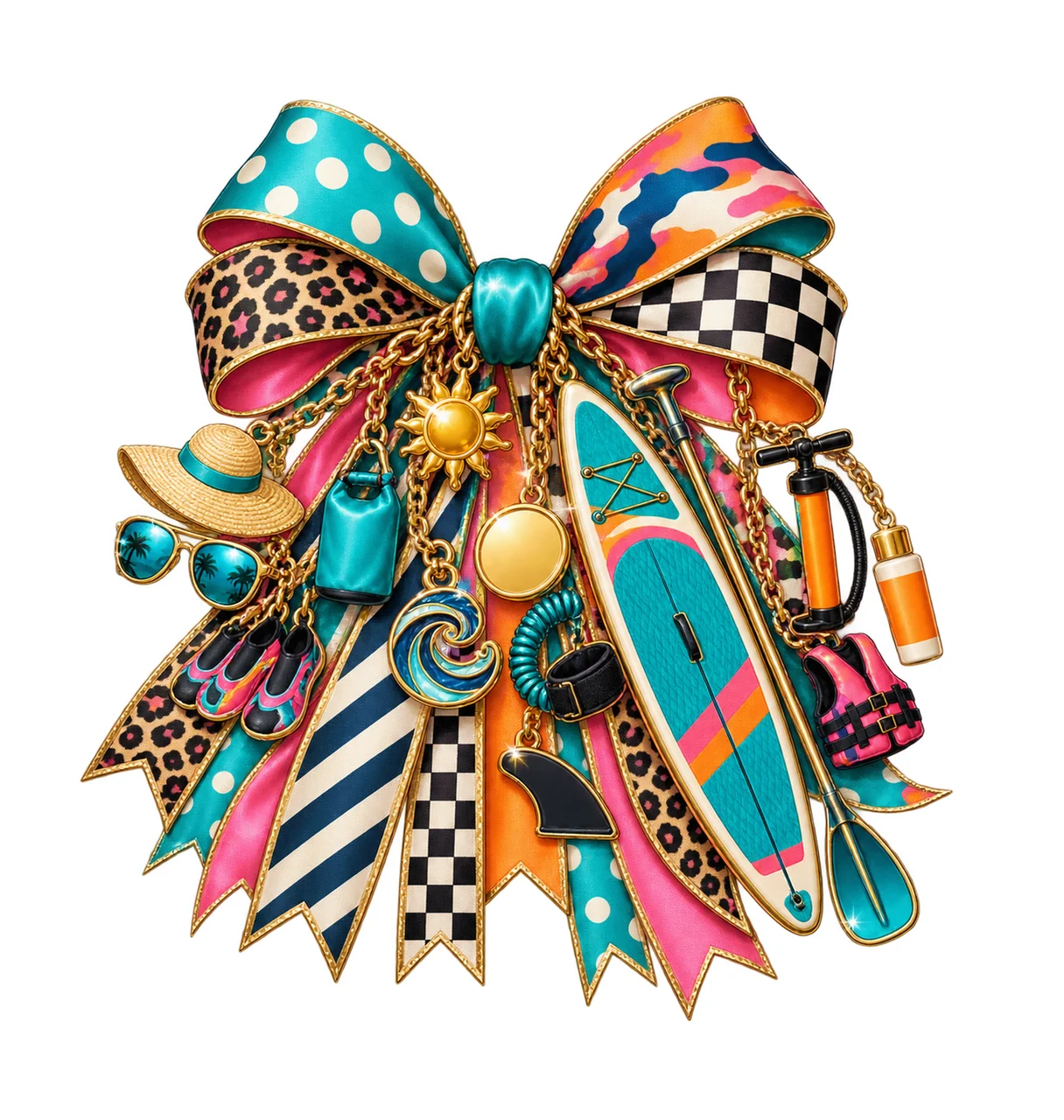 Paddleboarding Lover Bow Charm PNG, Themed Gold Chain Charms, Coquette Ribbon Sublimation Design, Transparent Digital Download