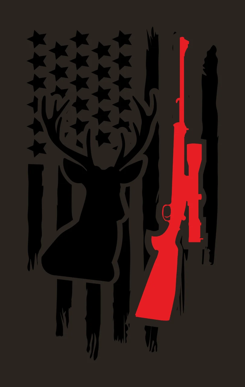 American Flag Deer Head Silhouette with Antlers and Rifle, Black and White Vertically Striped Flag Background Graphic contrast preview thumbnail