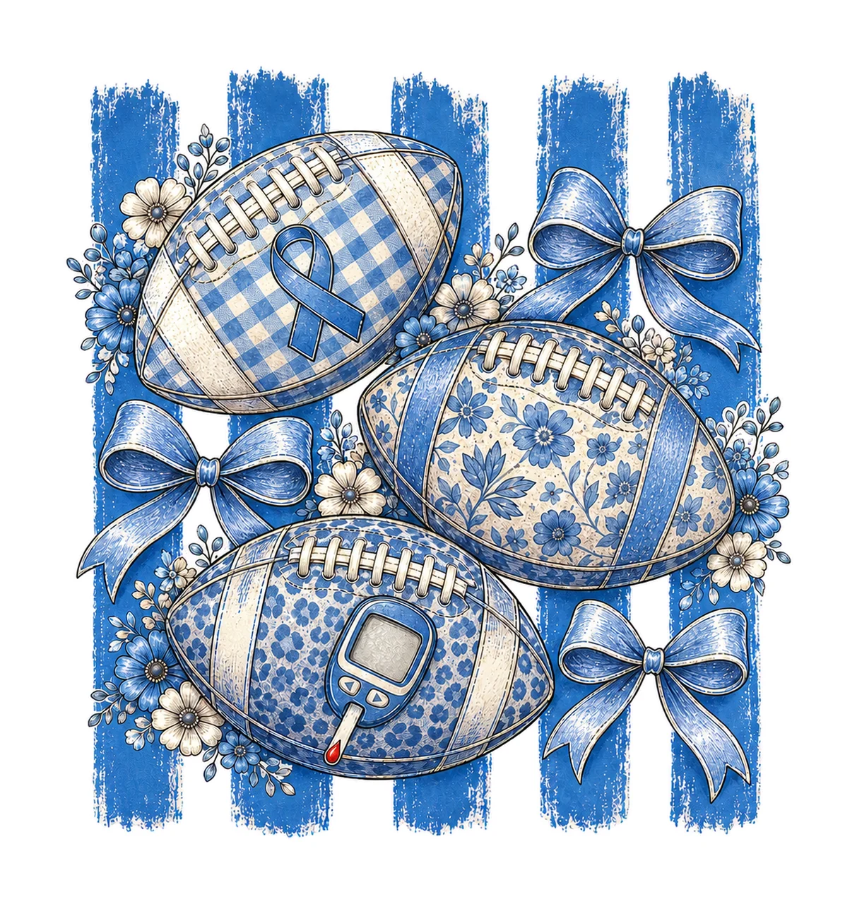 Diabetes Awareness Football Blue Floral Ribbon bundle 04