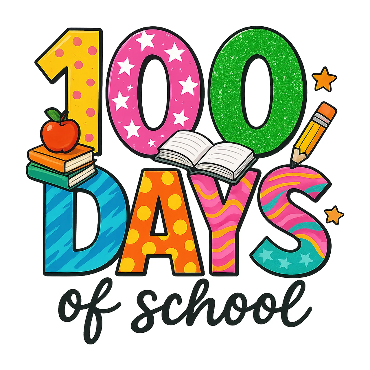 100 Days of School Colorful Book Pencil Sublimation Design