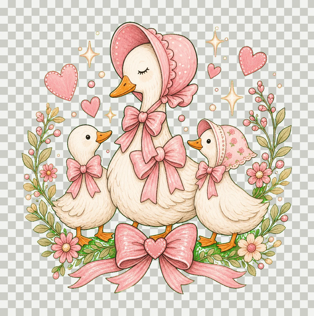 Vintage Mama Goose Preppy Mom Coquette Design Bow Goose Trio transparency and detail preview thumbnail