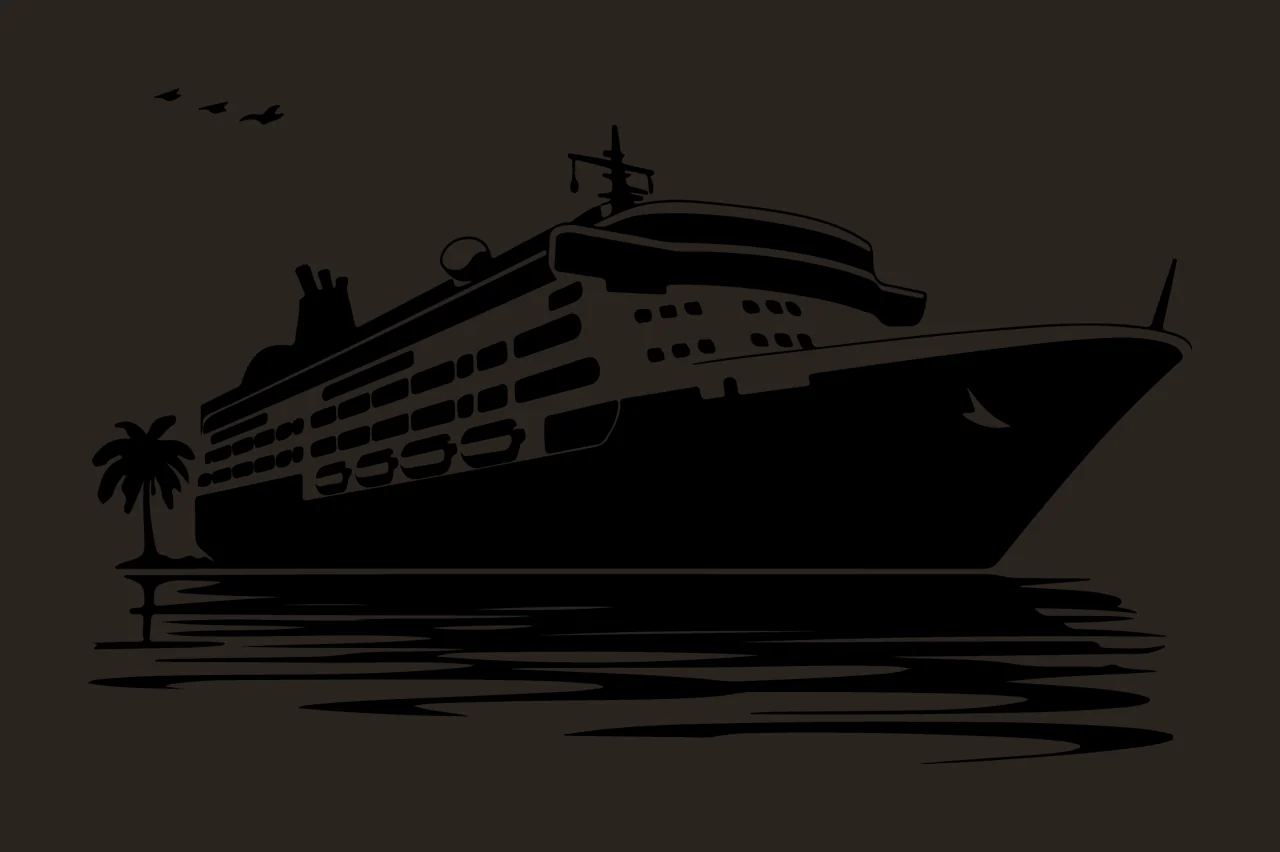 Cruise Ship On Water With Palm Tree floating birds black white contrast preview thumbnail