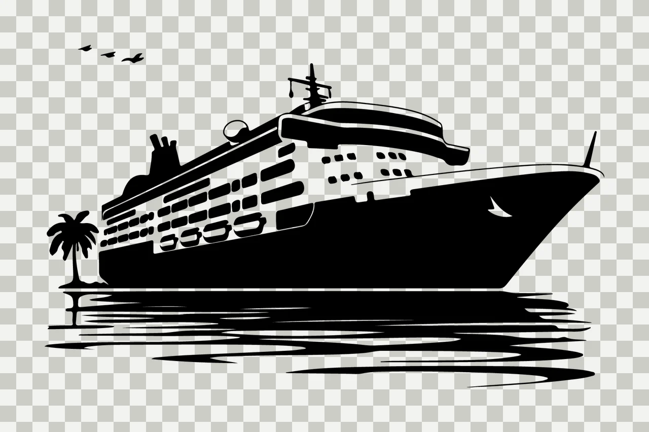 Cruise Ship On Water With Palm Tree floating birds black white transparency and detail preview thumbnail