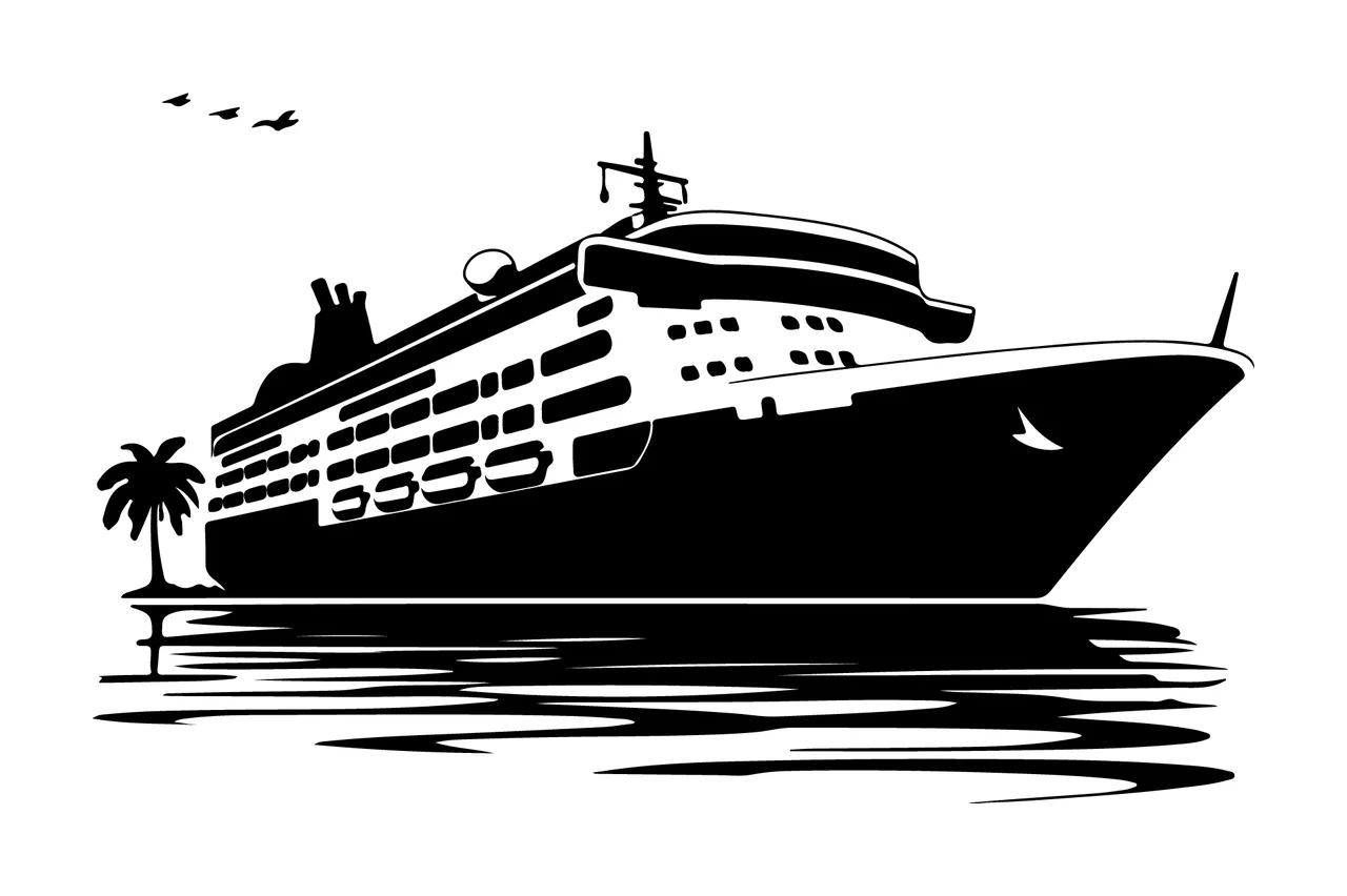 Cruise Ship On Water With Palm Tree floating birds black white