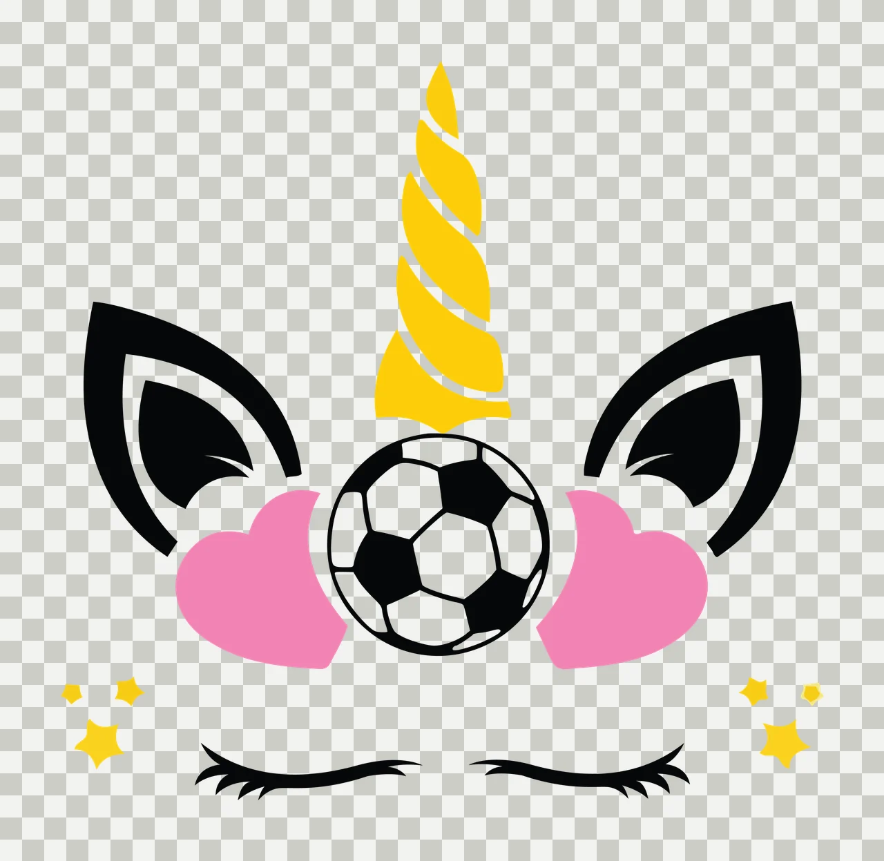 Soccer Unicorn Black And White Face Silhouette horn ears hearts transparency and detail preview thumbnail