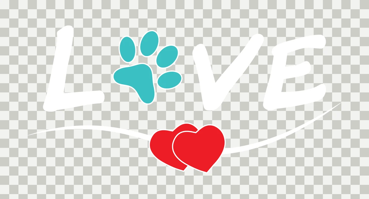 Teal paw print and two overlapping red hearts Illustration in white transparency and detail preview thumbnail